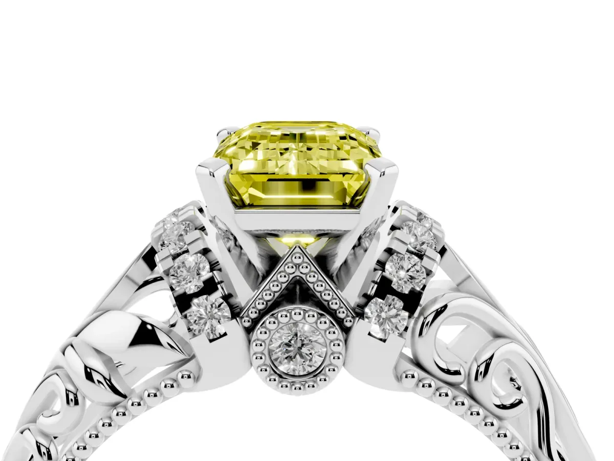 Fancy Yellow Emerald Cut Solitaire Filigree Engagement Ring with Halo and Prong Setting Silver