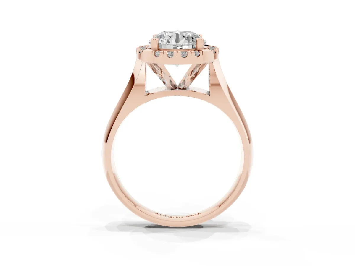 Round Cut Cut Halo Solitaire Engagement Ring with Square Band and Four-Prong Setting Rose gold