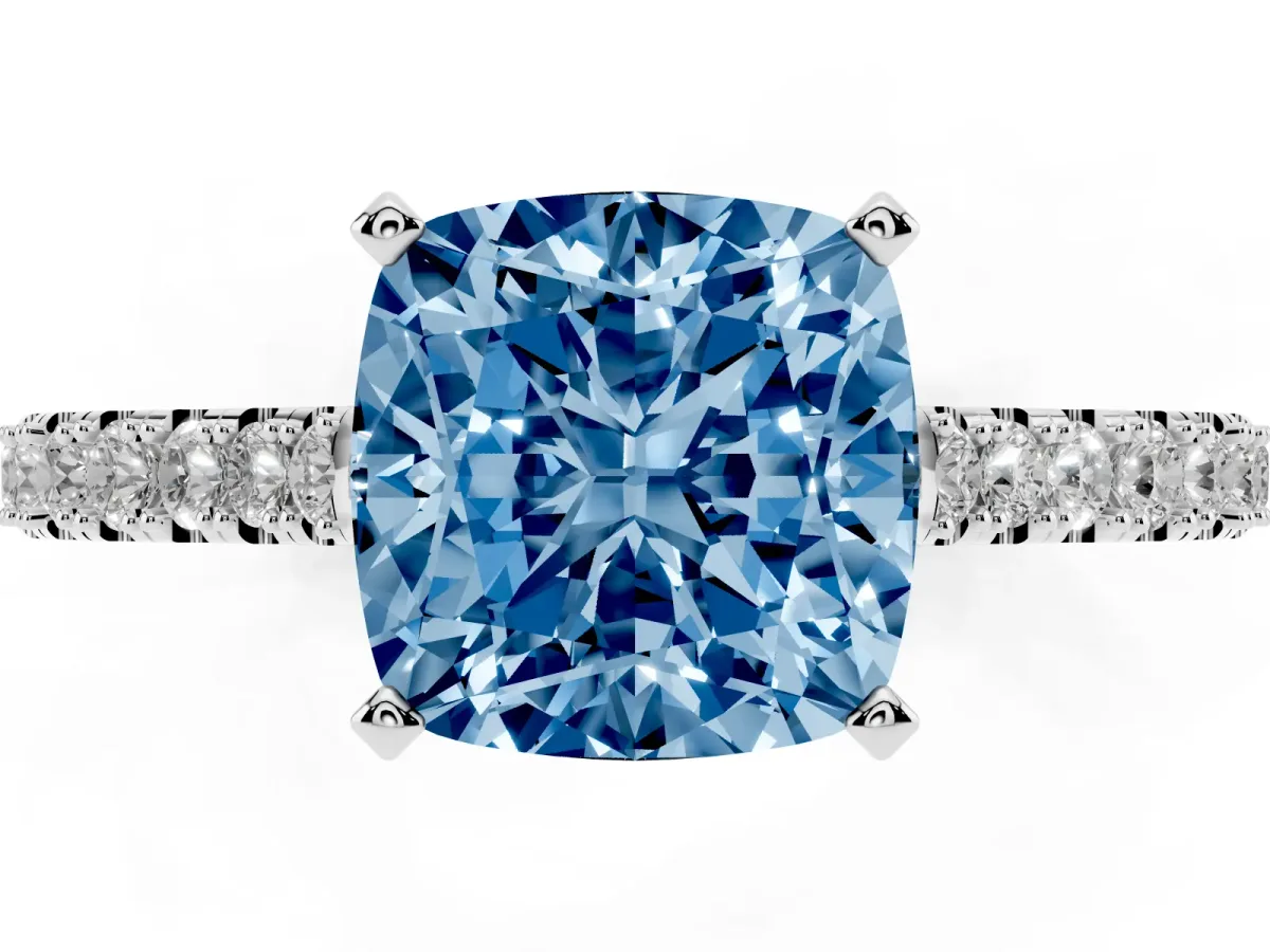 Fancy Blue Cushion Cut Cut Solitaire Diamond Engagement Ring with Pave Band and Four-Prong Setting Platinum