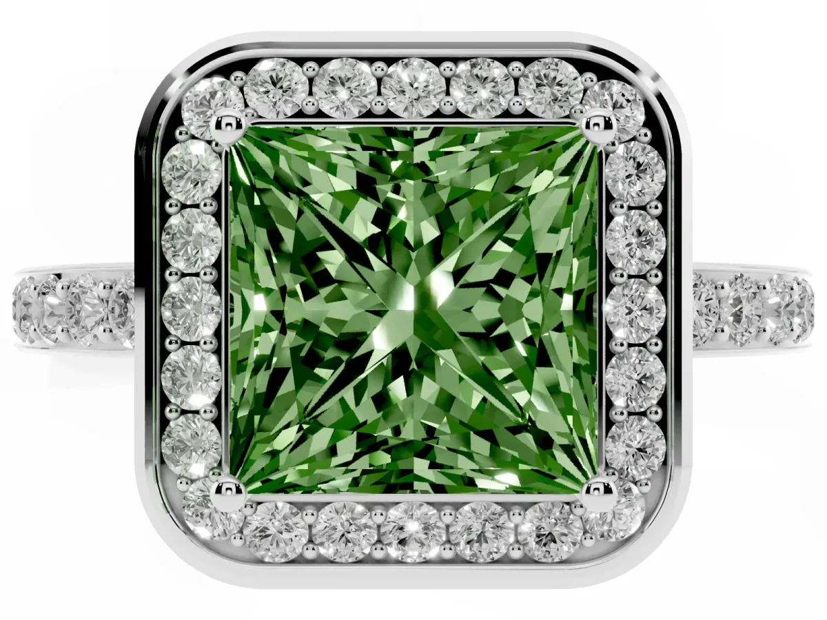 Fancy Green Princess Cut Diamond Halo Ring with Bezel Frame and Pavé Band White gold