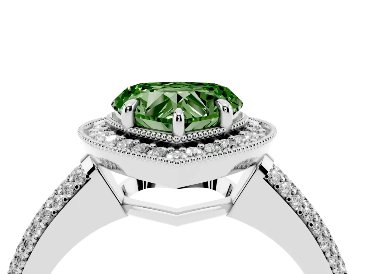 Fancy Green Heart Cut Cut Halo Diamond Pave Band with Four-Prong Setting Platinum