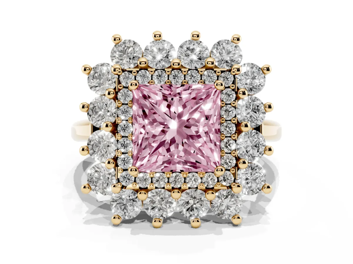 Fancy Pink Princess Cut Diamond Floral Double Halo Engagement Ring with Prong Setting Yellow gold
