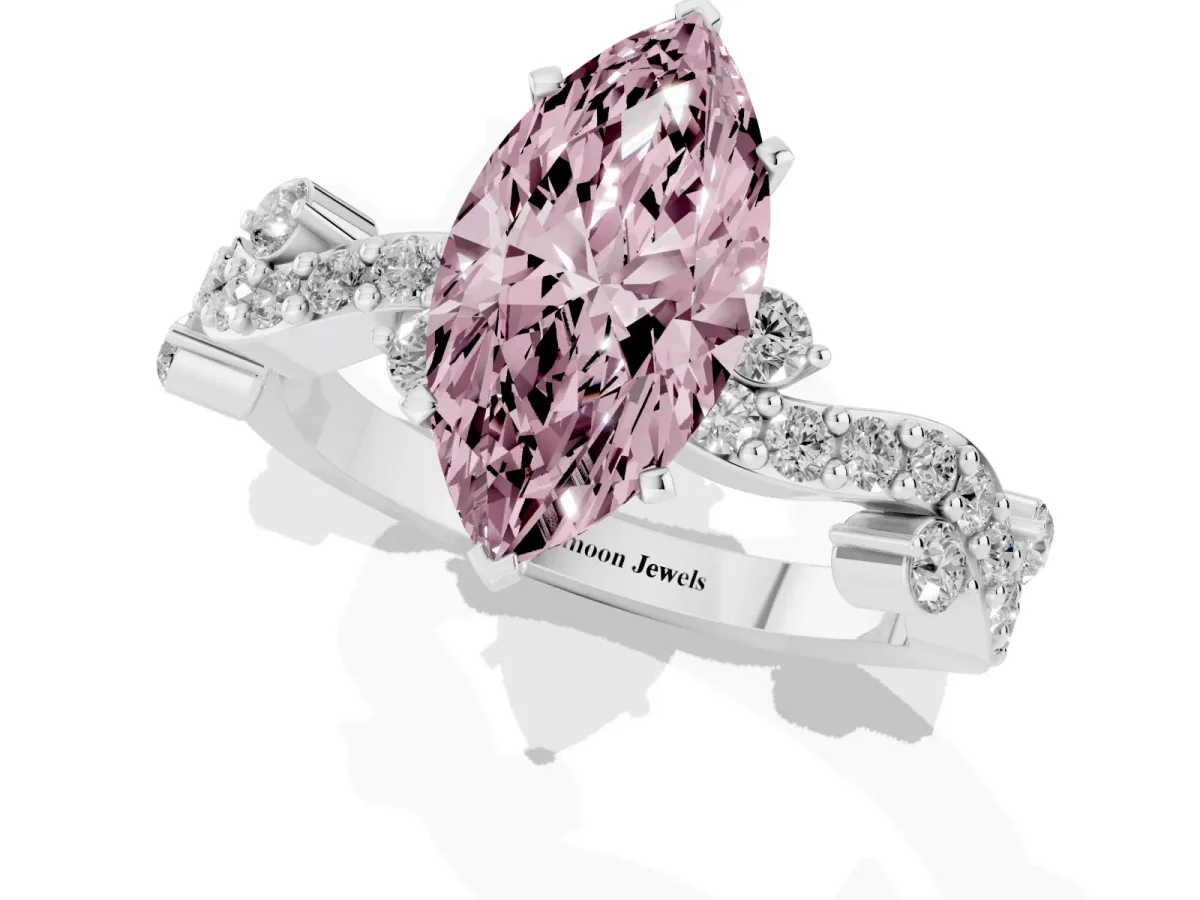 Fancy Pink Marquise Cut Cut Solitaire Diamond Twisted Band with Pave Setting Silver