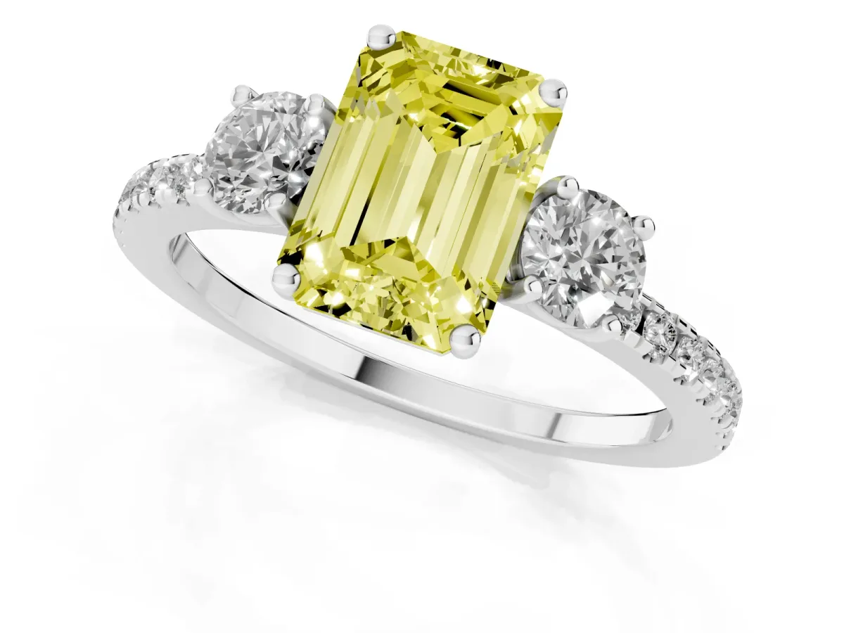 Fancy Yellow Three-Stone Emerald Cut Cut Diamond Pavé Band with Prong Setting Silver