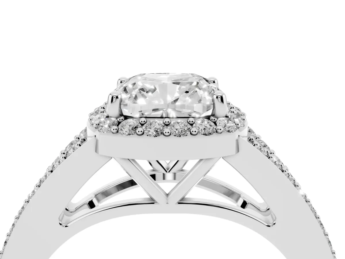 Cushion Cut Halo Split Shank Diamond Ring with Prong Setting Silver