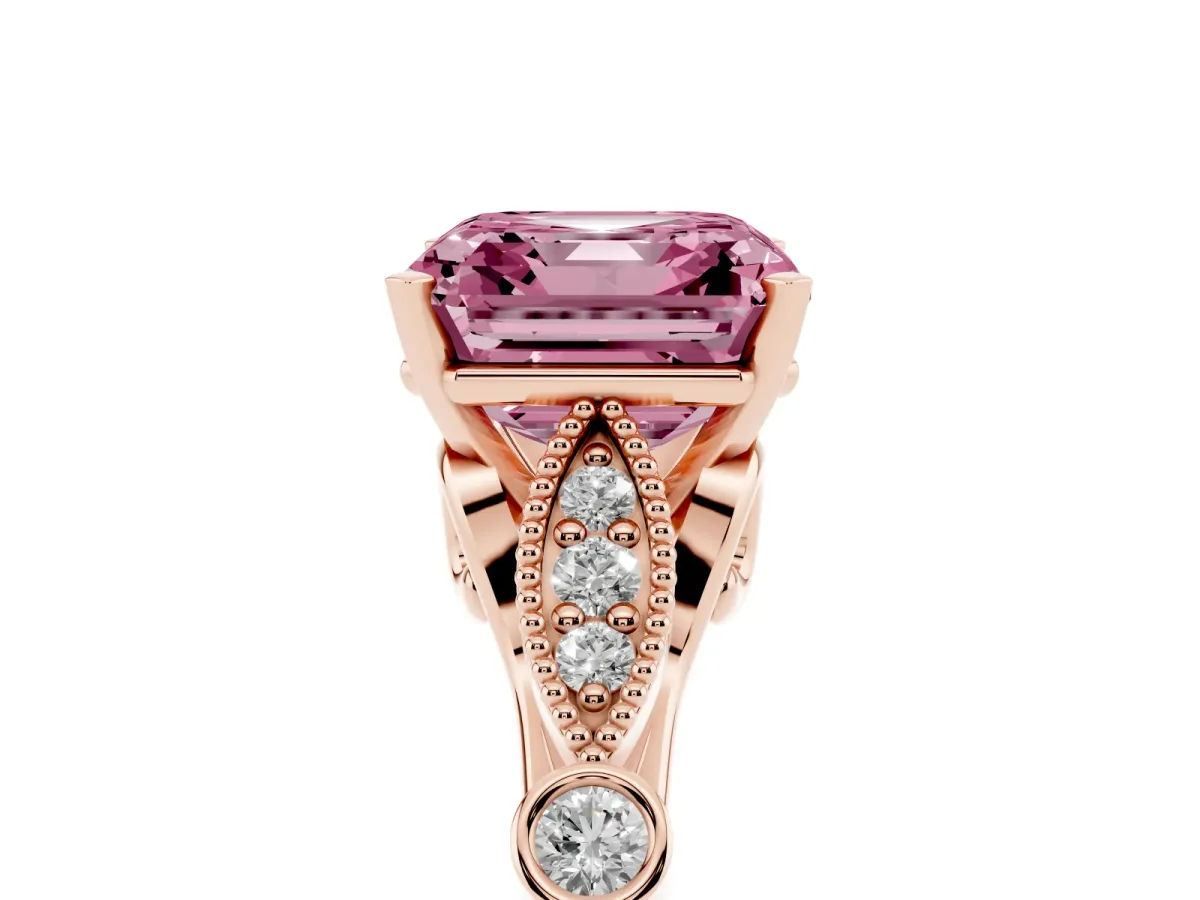 Fancy Pink Asscher Cut Cut Diamond with Milgrain Marquise and Bezel Accents on a Solitaire Band with Prong Setting Rose gold