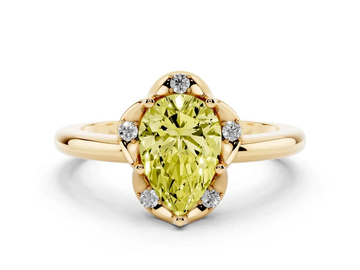 Fancy Yellow Pear Cut Halo Diamond Ring with Round Cluster Setting, Solitaire Band, and Four-Prong Setting Yellow gold