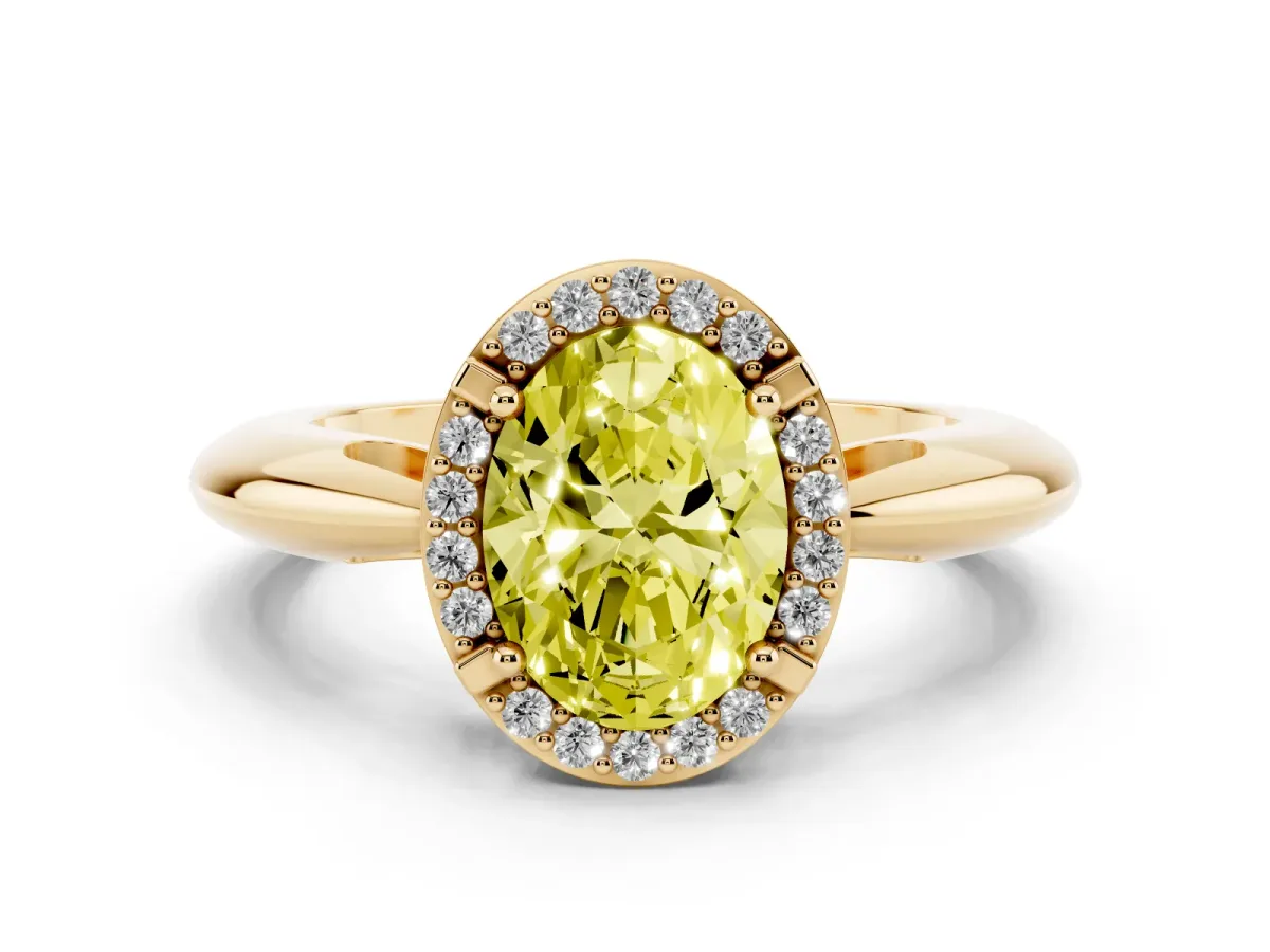 Fancy Yellow Oval Cut Cut Diamond Halo Engagement Ring with Split Shank and Four-Prong Setting Yellow gold