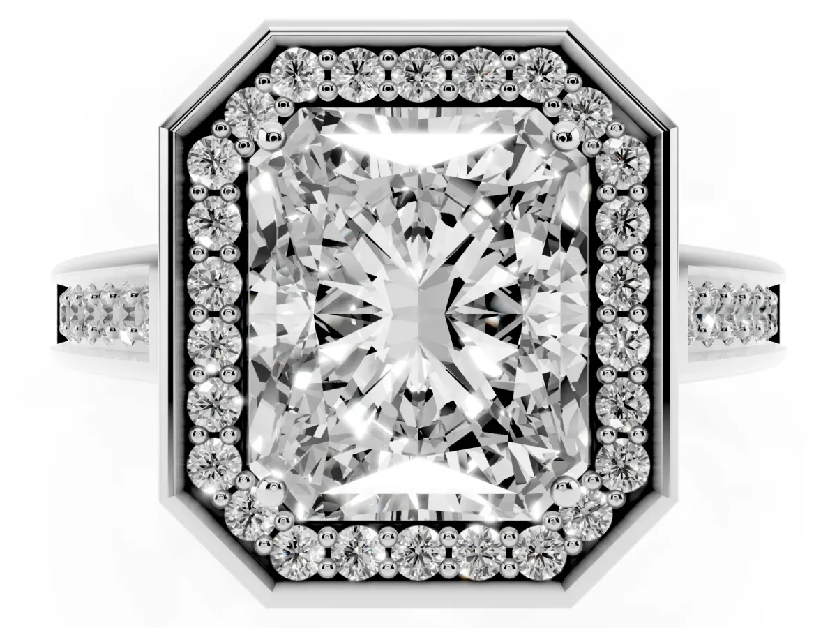 Emerald Cut Halo Solitaire Diamond Ring with Pave Band and Bezel Setting Silver