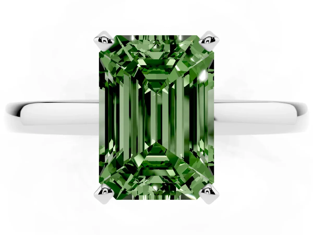 Fancy Green Emerald Cut Solitaire Diamond Engagement Ring with Four-Prong Setting on a Classic Band White gold