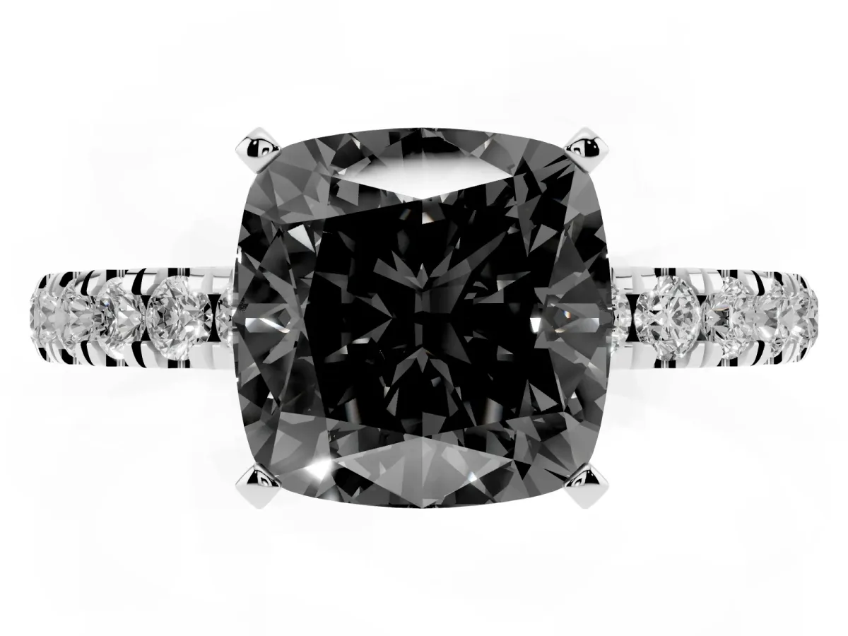 Fancy Black Cushion Cut Diamond Solitaire Ring with Pavé Accents and Four-Prong Setting Platinum