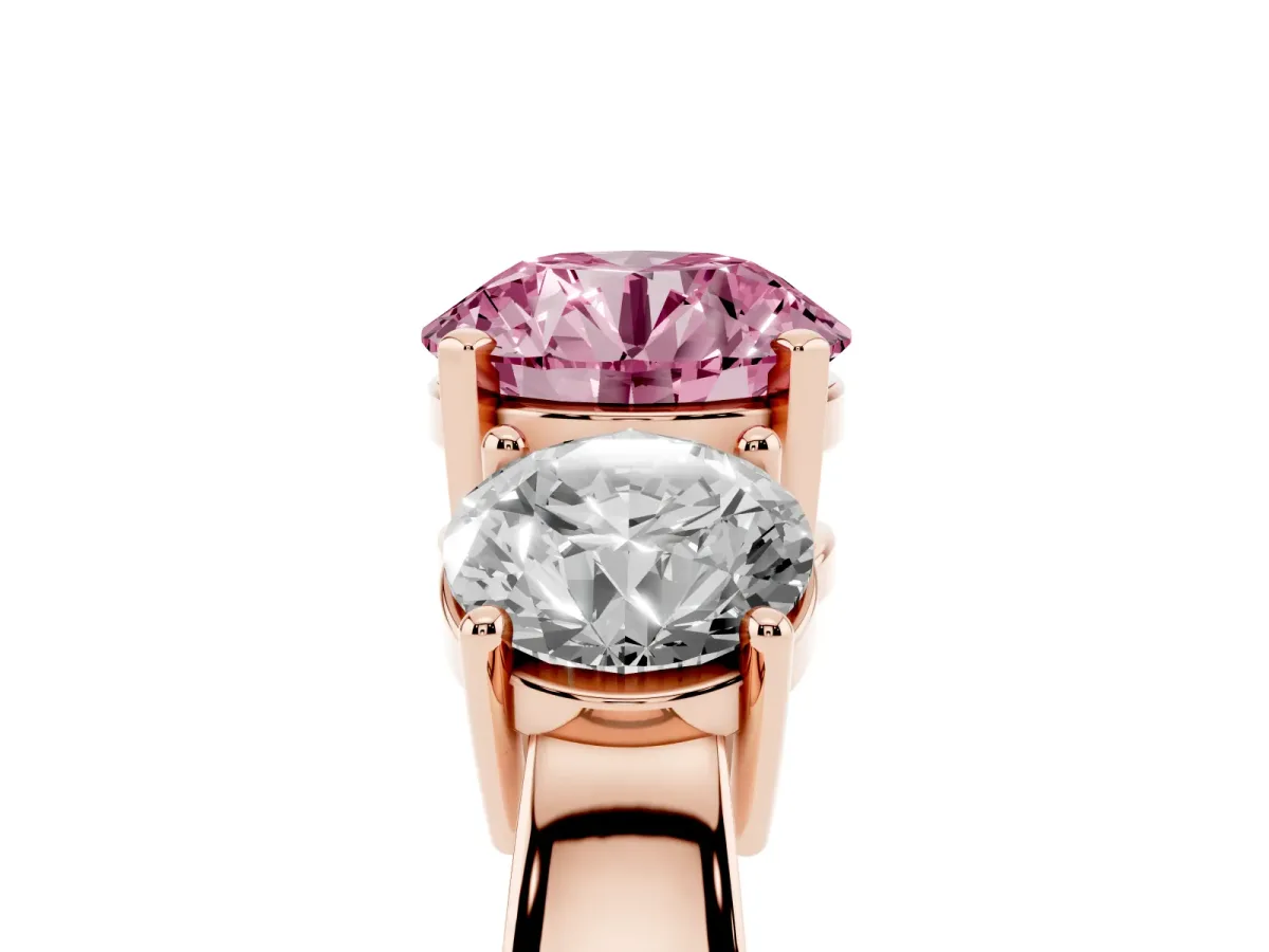 Fancy Pink Three-Stone Round Cut Diamond Ring with Round Side Stones, Classic Band, and Four-Prong Setting Rose gold