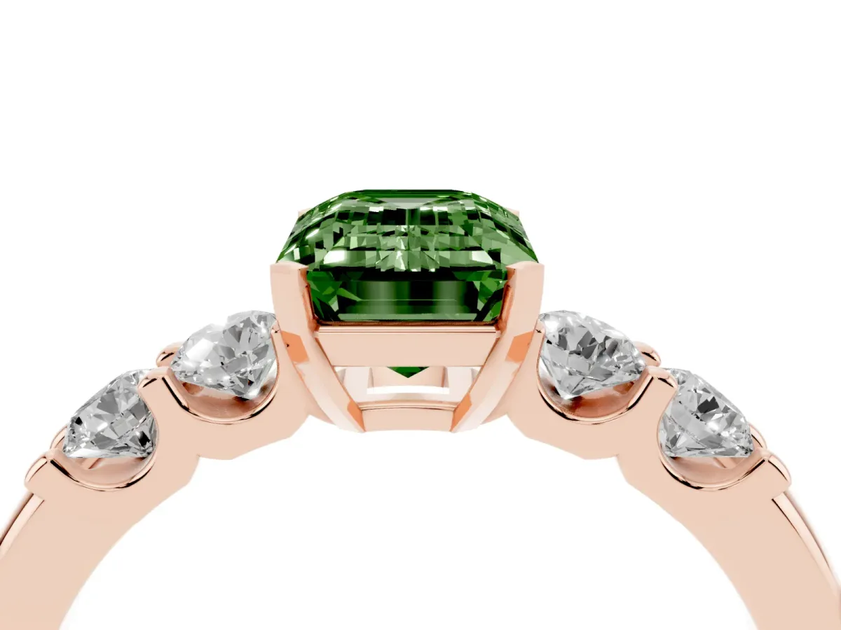 Fancy Green Emerald Cut Brilliant Cut Diamond Five-Stone Prong Set Engagement Ring with Channel Band Rose gold