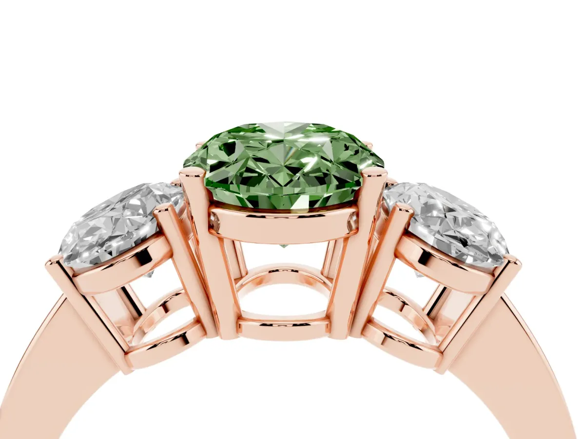 Fancy Green Three-Stone Oval Cut Cut Diamond Engagement Ring with Flat Band and Four-Prong Setting Rose gold