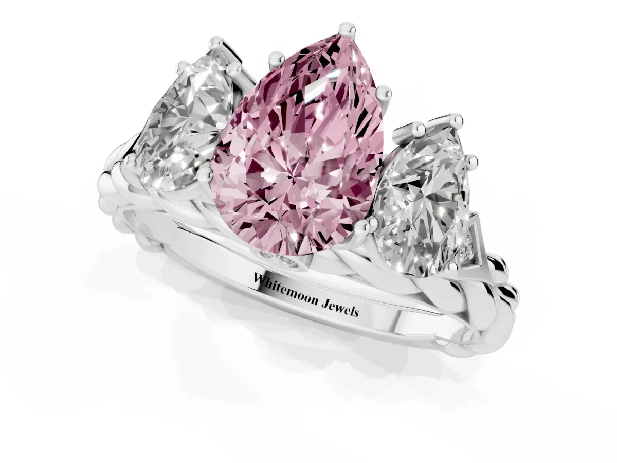 Fancy Pink Three-Stone Pear Cut Diamond Braided Band Ring with Four-Prong Setting Platinum
