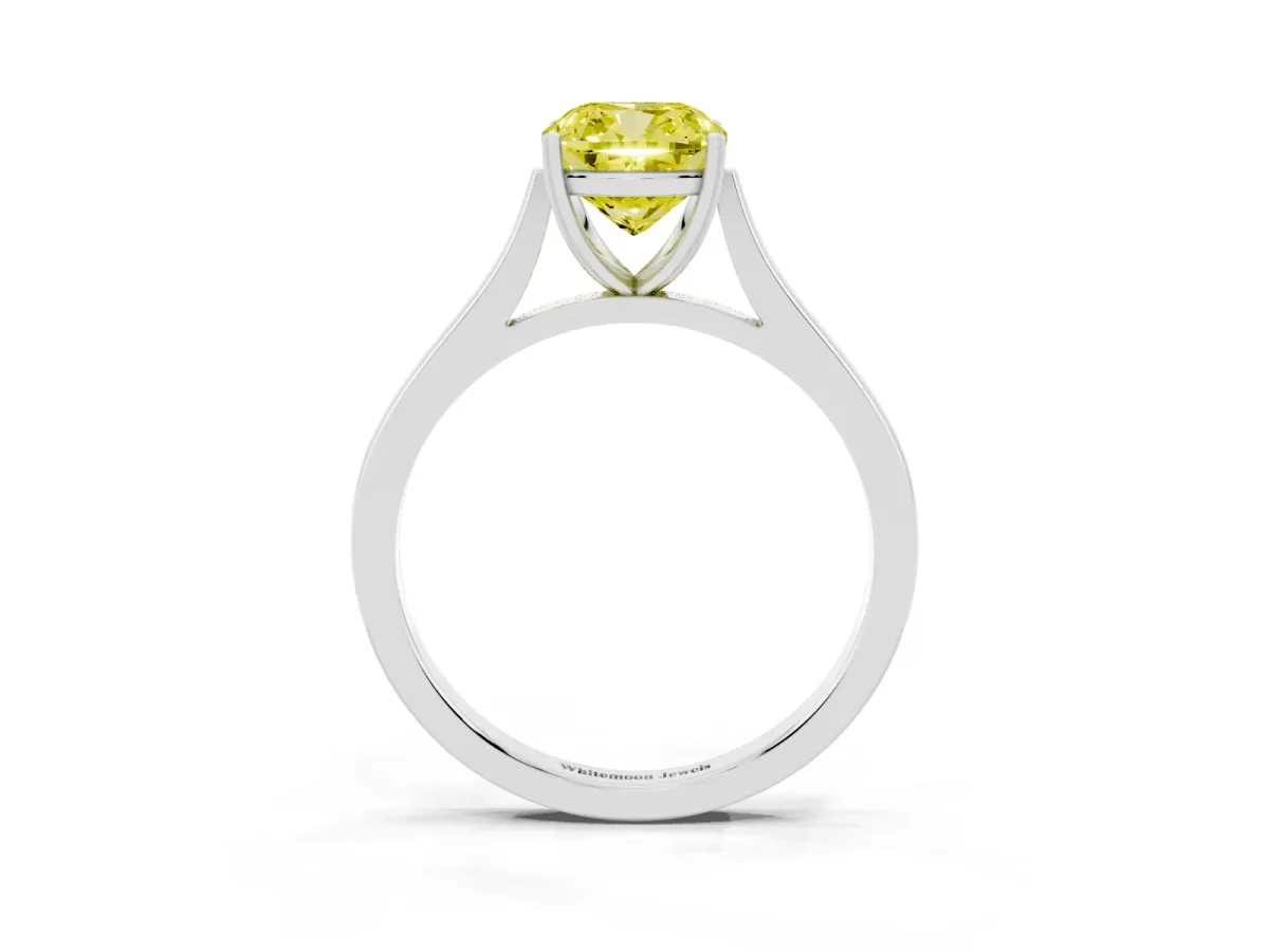 Fancy Yellow Cushion Cut Solitaire Heart Prong Engagement Ring with Tapered Band Silver