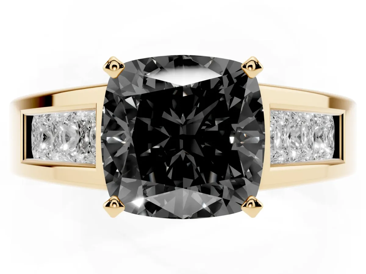 Fancy Black Cushion Cut Cut Channel Set Solitaire Ring with Four-Prong Setting Yellow gold