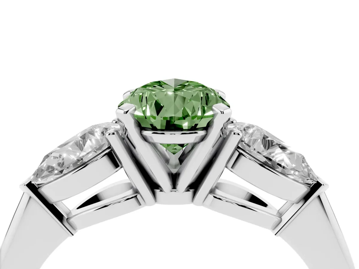 Fancy Green Three-Stone Pear Cut Diamond Ring with Pear Side Stones and Four-Prong Setting Platinum