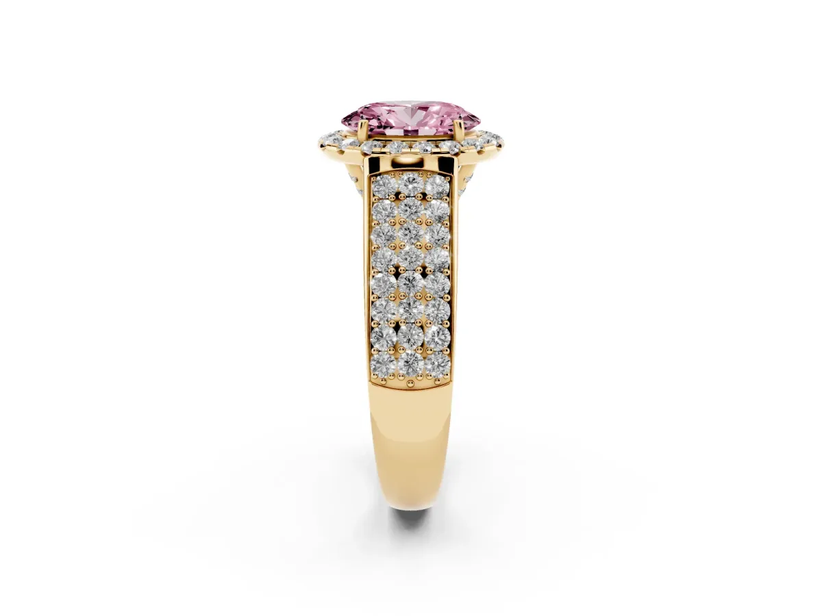 Fancy Pink Oval Cut Halo Round Diamond Pave Band with Prong Setting Yellow gold