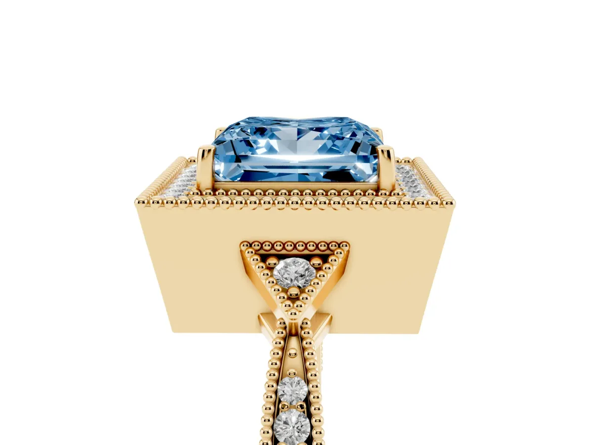 Fancy Blue Princess Cut Halo Round Diamond Milgrain Pave Engagement Ring Yellow gold