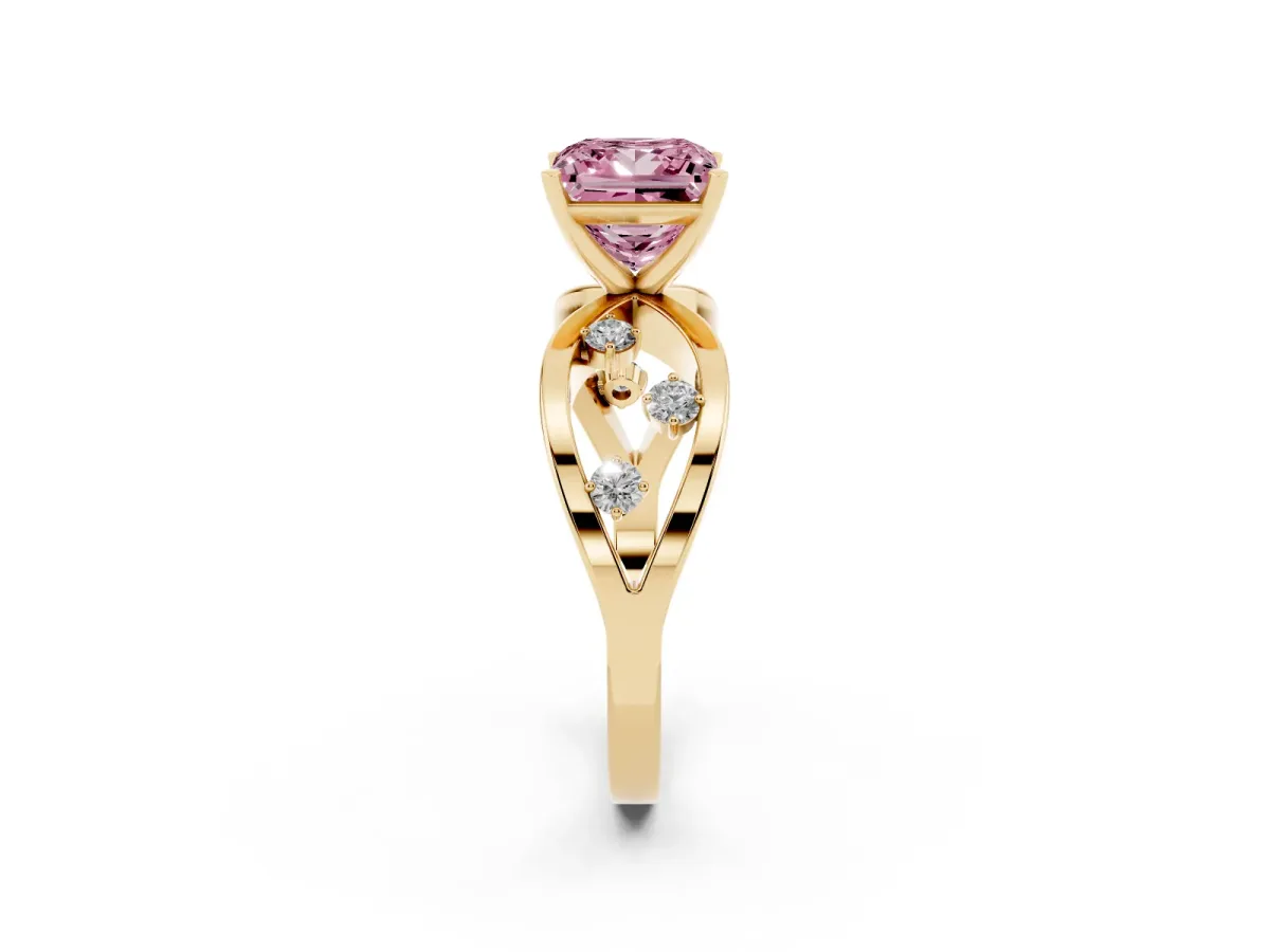 Fancy Pink Princess Cut Cut Solitaire Diamond with Side Stones on Criss-Cross Band and Four-Prong Setting Yellow gold