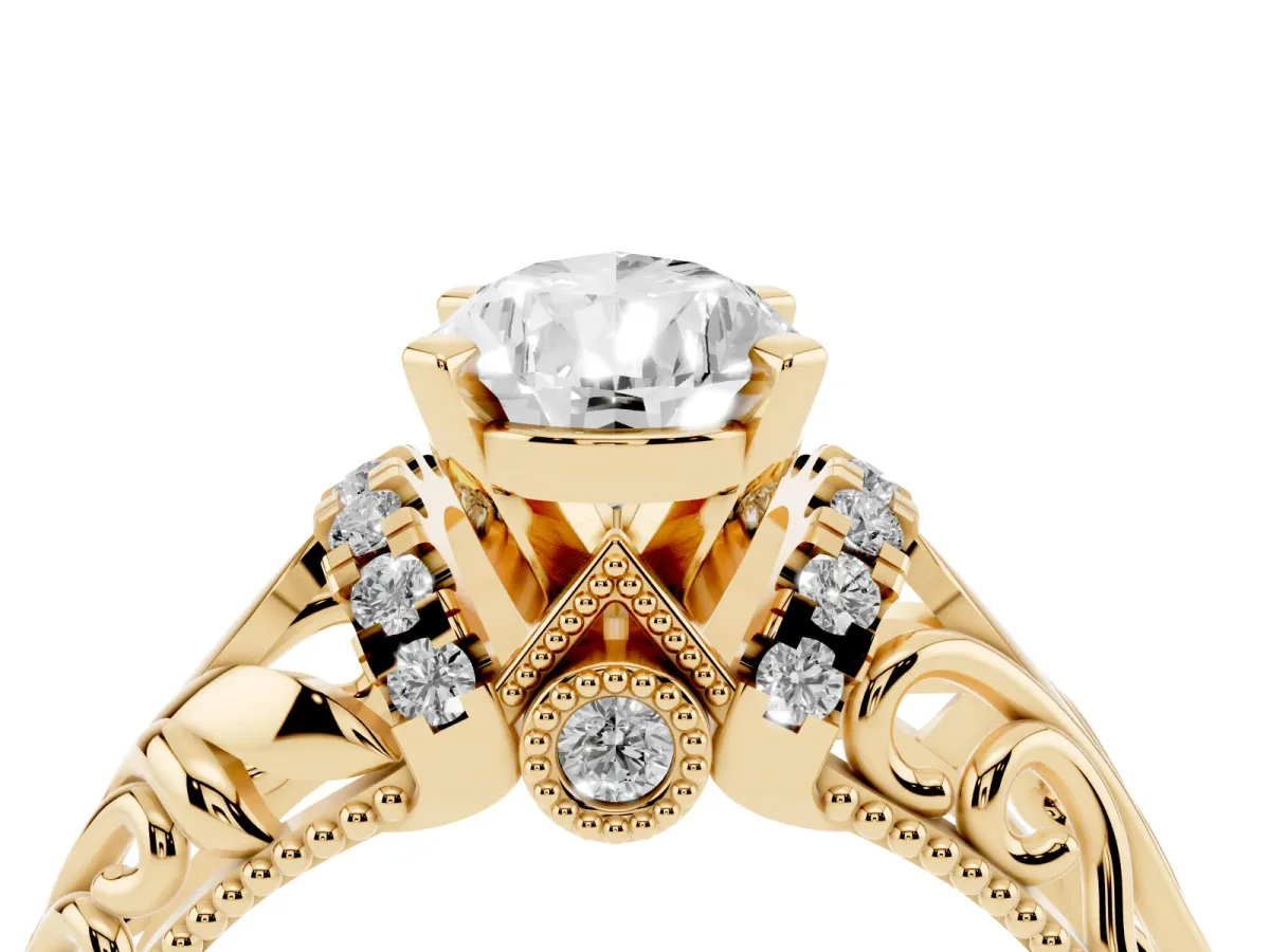 Pear Cut Solitaire Filigree Engagement Ring with Halo and Prong Setting Yellow gold