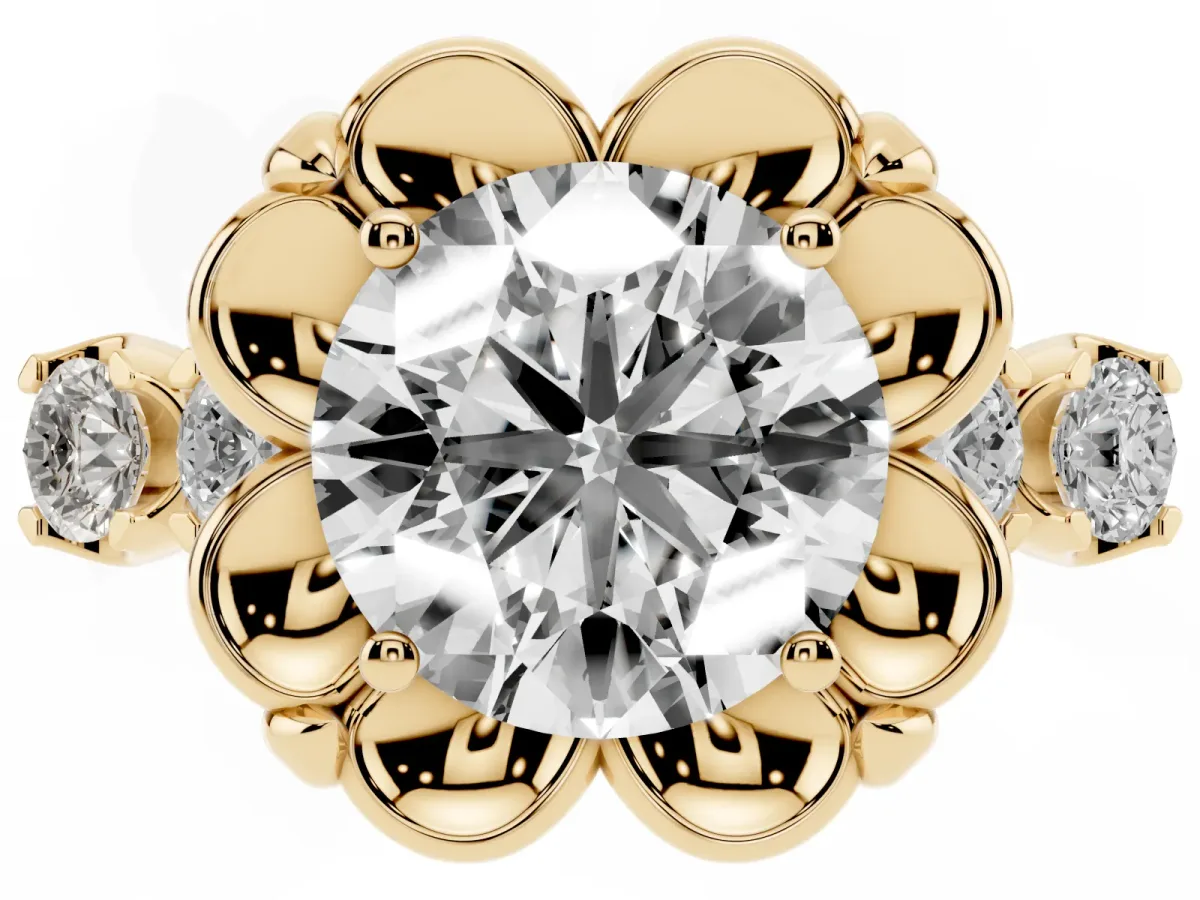 Round Cut Cut Diamond Floral Halo Engagement Ring with Shared Prong Setting Yellow gold