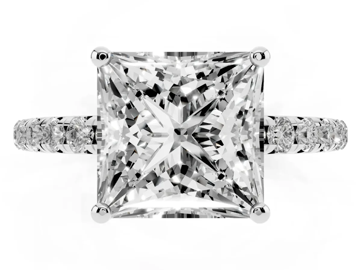 Princess Cut Cut Diamond Solitaire Ring with Micro Pave Band and Four Prong Setting Silver