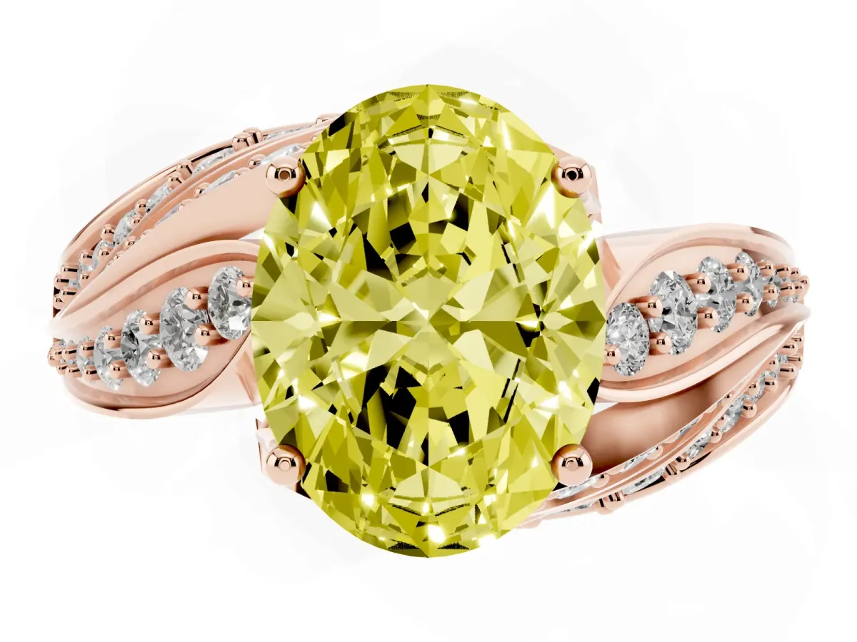 Fancy Yellow Oval Cut Diamond Solitaire Ring with Prong Setting and Twisted Pavé Band Rose gold
