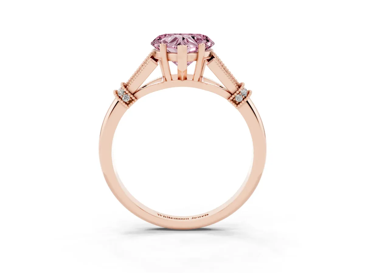 Fancy Pink Heart Cut Diamond Solitaire Ring with Floral Filigree and Pave Accents Rose gold