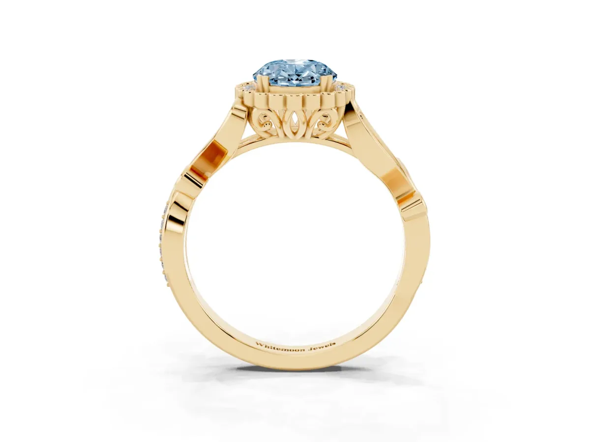 Fancy Blue Oval Cut Diamond Halo Ring with Vintage Split Shank and Four-Prong Setting Yellow gold