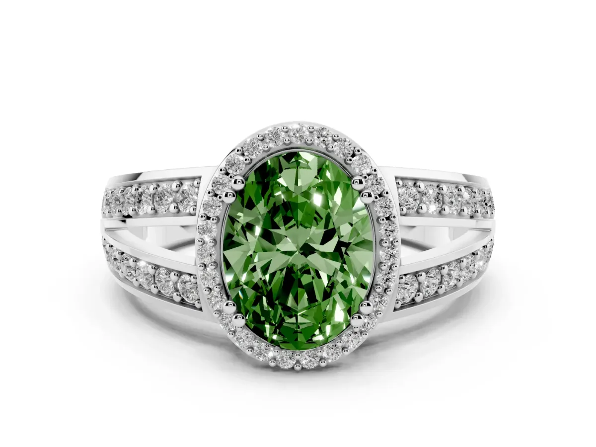 Fancy Green Oval Cut Diamond Halo Ring with Split Shank Pavé Band and Four-Prong Setting Platinum