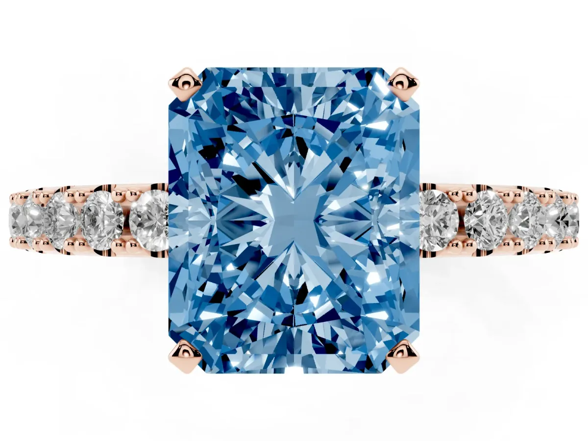 Fancy Blue Radiant Cut Diamond Solitaire Pavé Band with Four-Prong Setting Rose gold