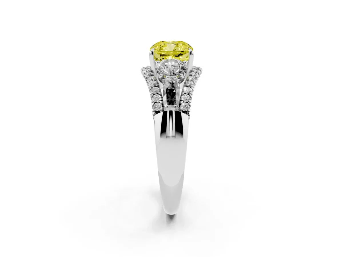 Fancy Yellow Three-Stone Cushion Cut Diamond Engagement Ring with Pave Band and Prong Setting Silver