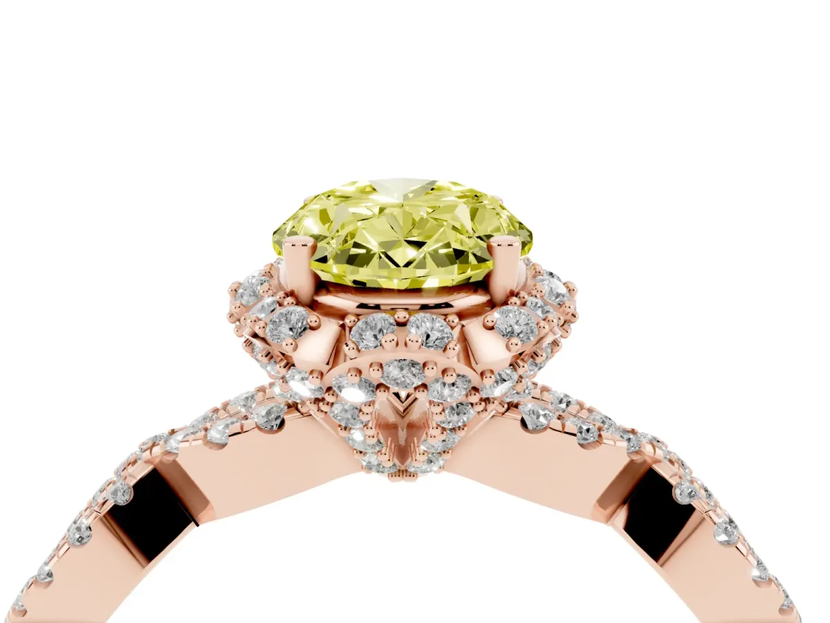 Fancy Yellow Oval Cut Halo Twist Band Solitaire Ring with Six-Prong Setting Rose gold
