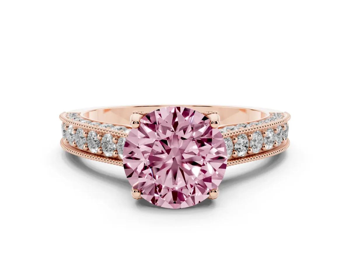 Fancy Pink Round Cut Cut Diamond Solitaire Ring with Milgrain Pave Band and Four Prong Setting Rose gold