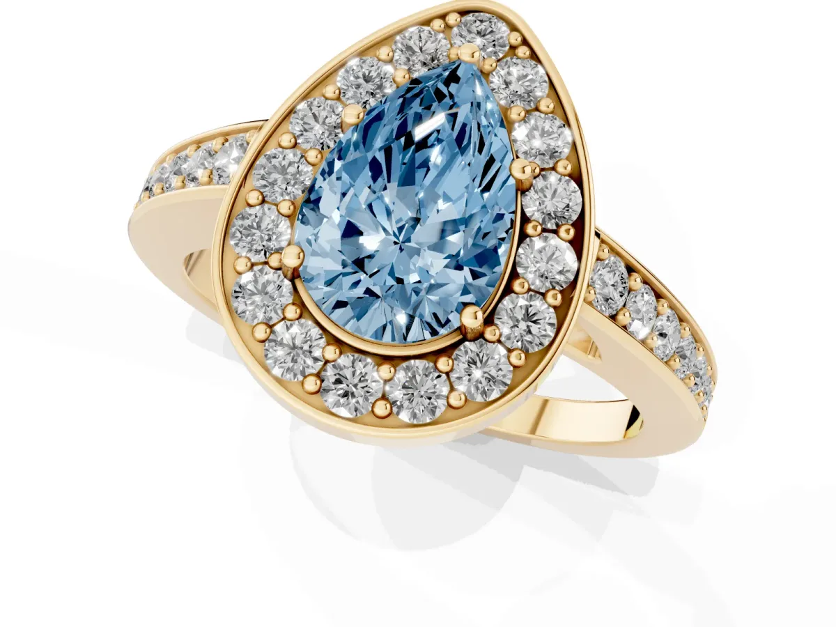 Fancy Blue Pear Cut Halo Pavé Diamond Engagement Ring with Bezel Setting Yellow gold