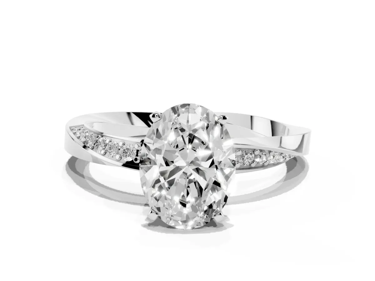 Oval Cut Diamond Engagement Ring with Side Stone Accents and Four-Prong Setting Silver