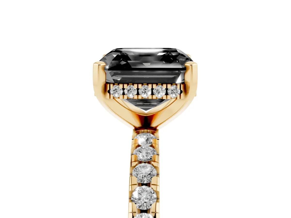 Fancy Black Asscher Cut Diamond Solitaire Ring with Round Pavé Band and Four-Prong Setting Yellow gold