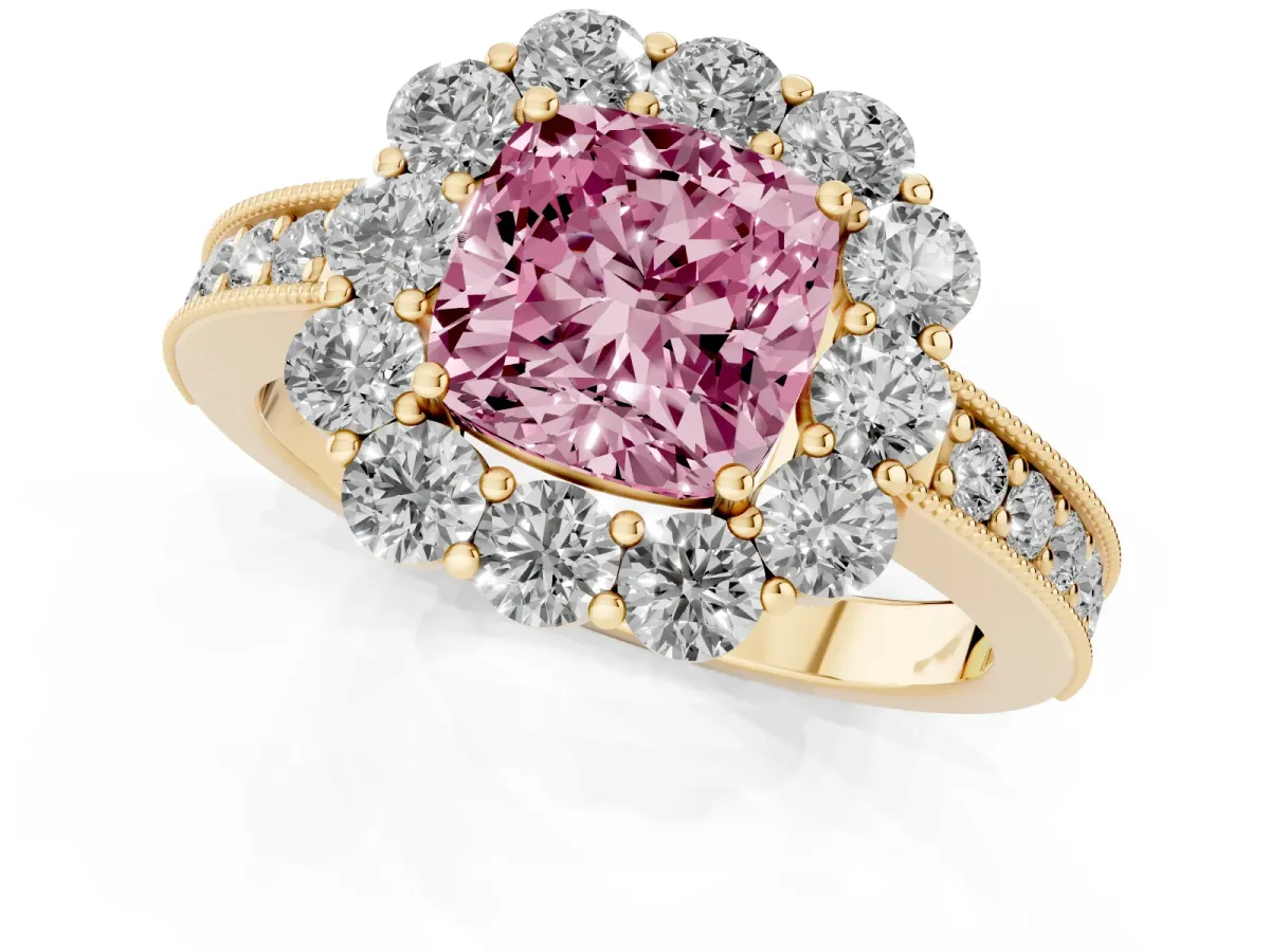 Fancy Pink Cushion Cut Cut Halo Diamond Pavé Engagement Ring with Milgrain Detailing Yellow gold