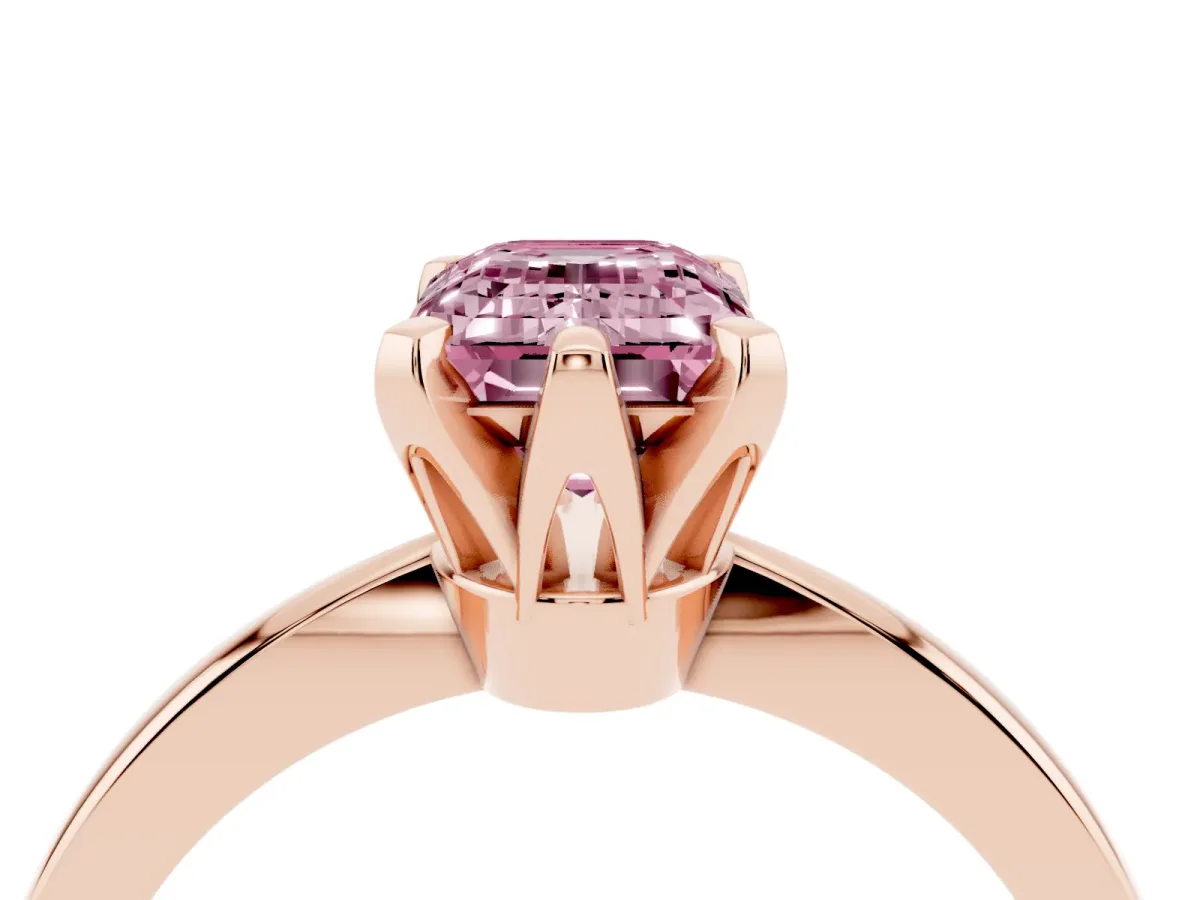 Fancy Pink Emerald Cut Solitaire Engagement Ring with Six-Prong Setting and Tapered Band Rose gold
