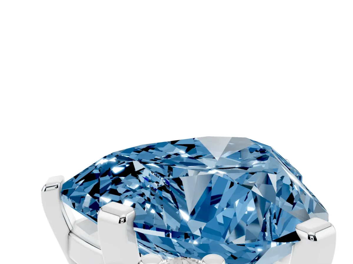 Fancy Blue Heart Cut Cut Three-Stone Solitaire Ring with Round Accent Diamonds and Four-Prong Setting Silver