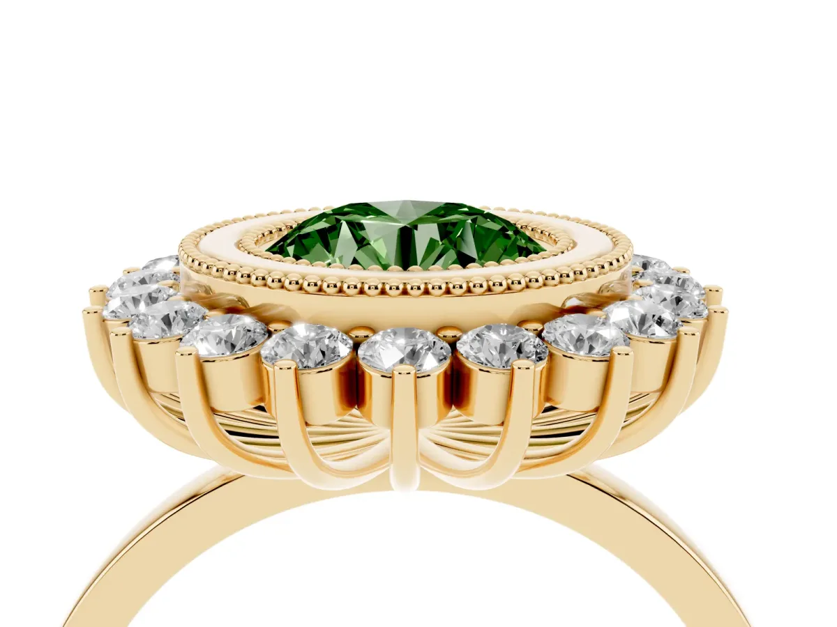 Fancy Green Round Cut Halo Diamond Ring with Milgrain Edge and Round Prong Setting Yellow gold