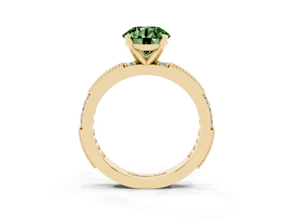Fancy Green Round Cut Solitaire with Pavé Band and Four-Prong Setting Yellow gold