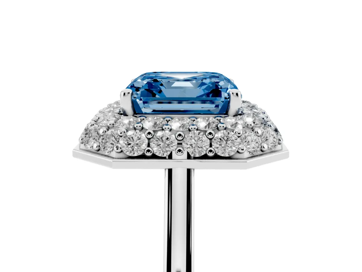 Fancy Blue Asscher Cut Halo Diamond Engagement Ring with Solitaire Band and Four-Prong Setting Platinum