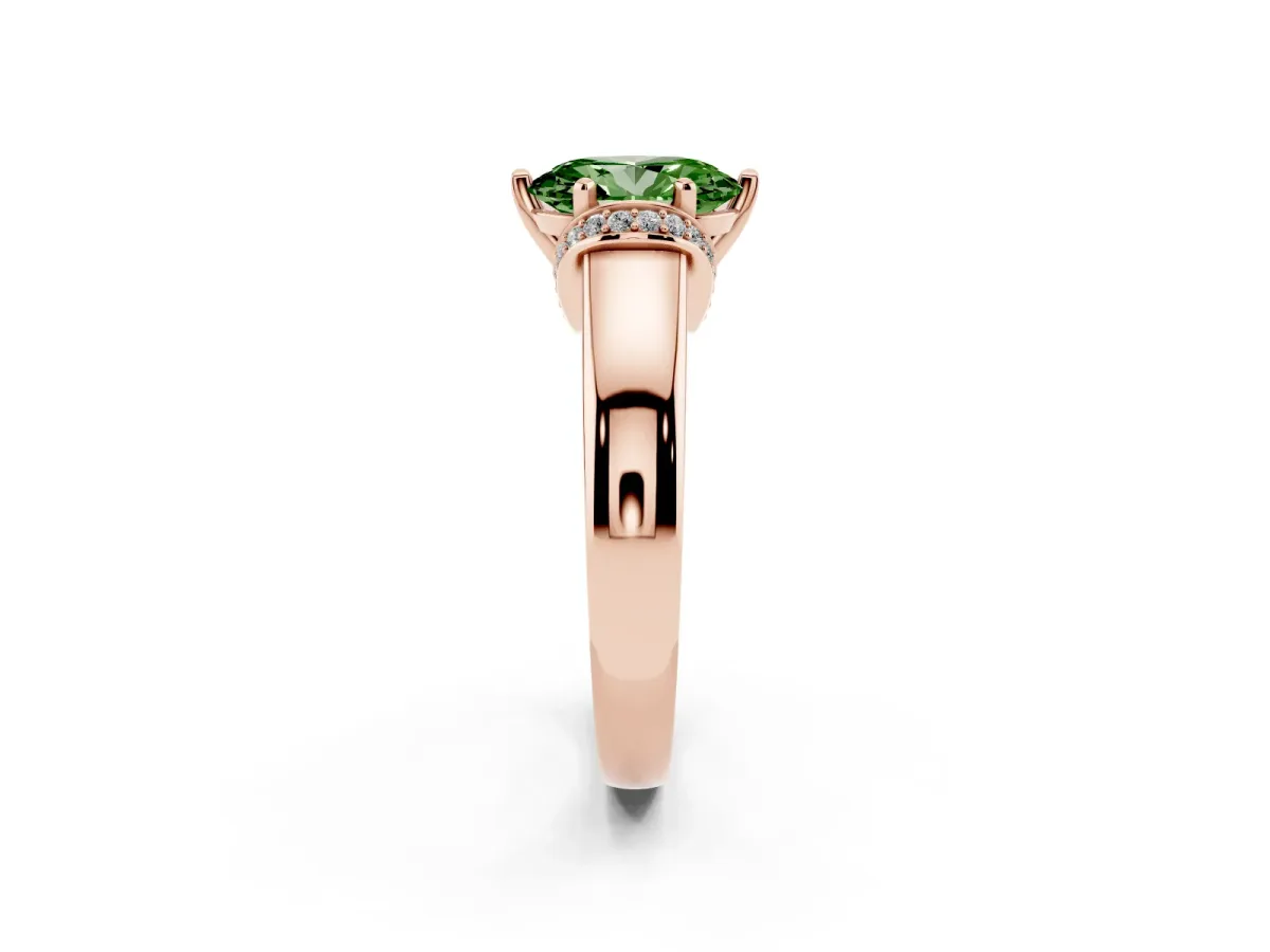 Fancy Green Oval Cut Solitaire Diamond Ring with Pave Band and Six-Prong Setting Rose gold