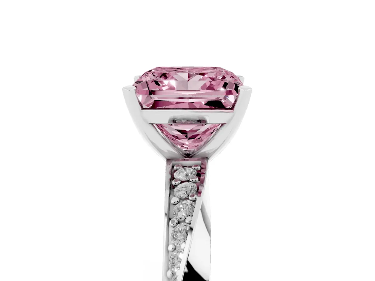 Fancy Pink Princess Cut Diamond Engagement Ring with Side Stone Accents and Four-Prong Setting Platinum