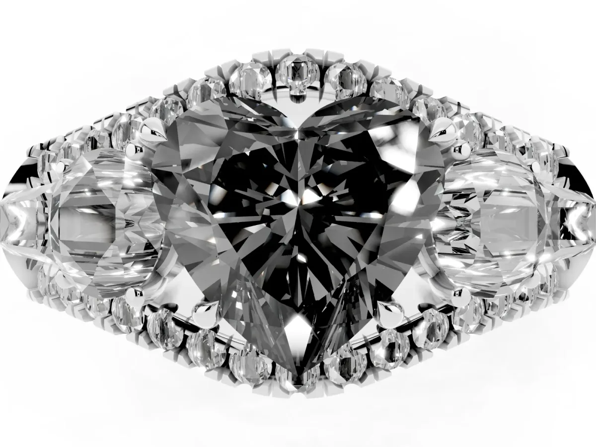 Fancy Black Three-Stone Heart Cut Diamond Engagement Ring with Pave Band and Prong Setting Silver
