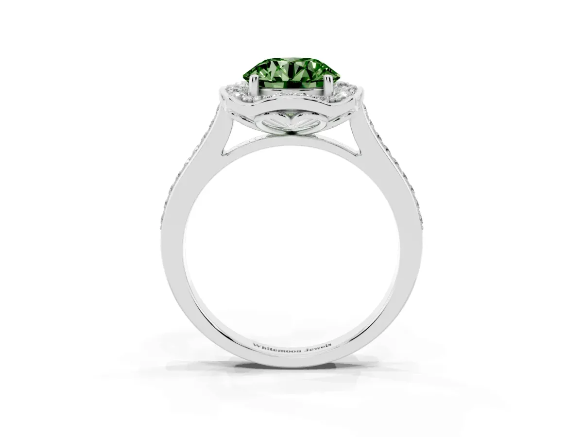 Fancy Green Round Cut Halo Round Diamond Pave Band with Four-Prong Setting Silver