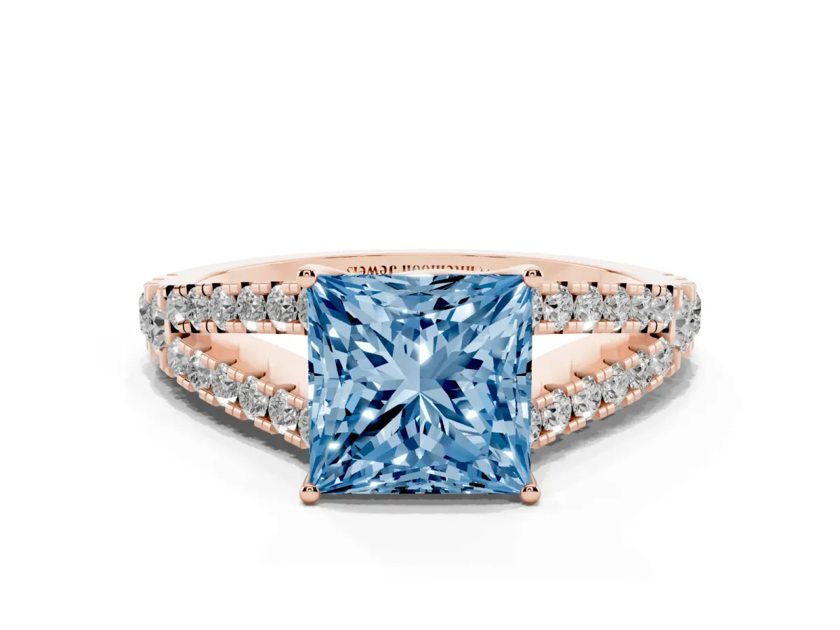 Fancy Blue Princess Cut Diamond Split Shank Engagement Ring with Round Pavé and Prong Setting Rose gold